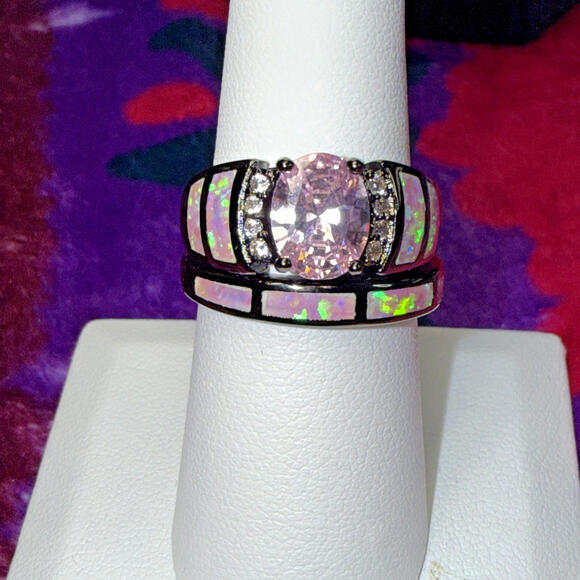 Jewelry - Black Pink CZ Ring Sz 7.5 Engagement Wedding Set Iridescent Inlaid Band Gift Box